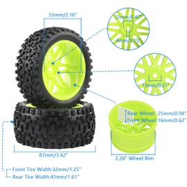 2PCS Front and 2PCS Rear Green Wheel Rim Rubber Tires for 1:10 RC Off-Road Buggy HSP Redcat HPI Arrma Exceed RC Kyosho Traxxas AE Losi