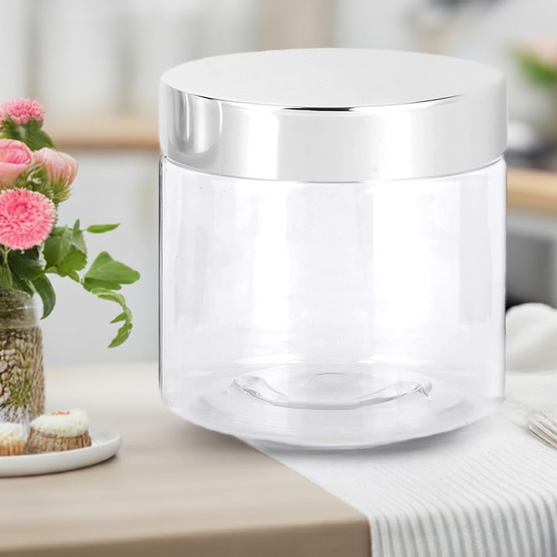 6 oz Clear PET Plastic Jar with Silver Metal Overshell