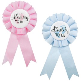 2 Pieces Daddy and Mommy To Be Tinplate Badge Pin, Celebration Gender Reveal Party Favor New Dad Mom Gifts Rosette Buttons with Ribbon Baby Shower Decorations (Pink + Blue)