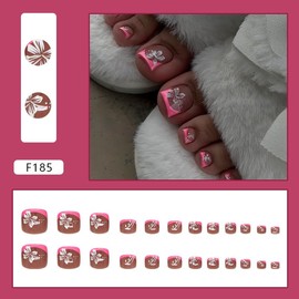 24Pcs Red Flower Press on Toenails Short Square Cute Fake Toenails with Floral Designs Summer Floral Stick on Toe Nails Press ons Full Cover Acrylic Glue on Toenail for Women Toenail Supplies Kit