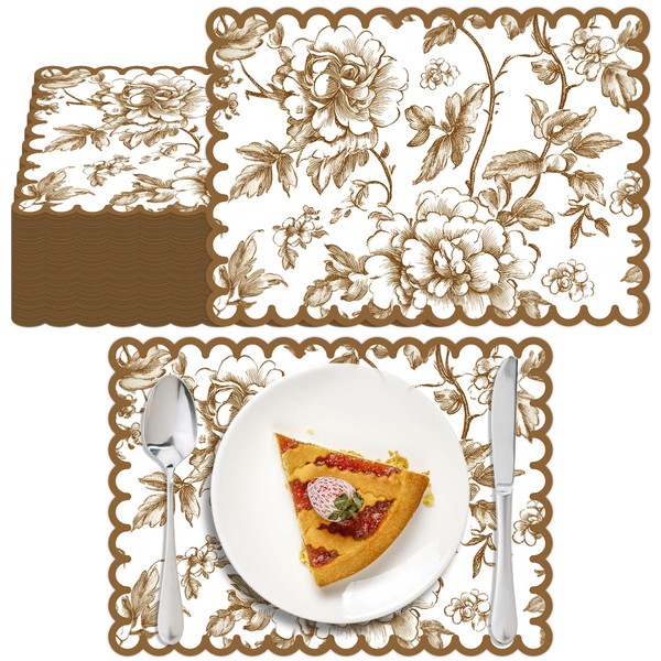 Stranthother 100 Pcs Fall Flower Paper Placemat Scalloped Disposable Chinoiserie