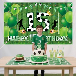 Soccer Happy 15th Birthday Banner Large Sport Themed Birthday Banner for Boys Kids Teens Sports Themed Party Decoration Supplies