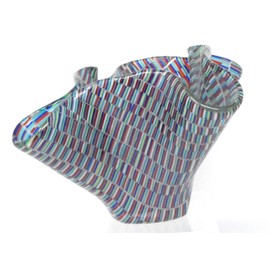 Red Blue White Green Striped Tapestry Vase Candle Holder 6 inch Handcrafted Fused Glass