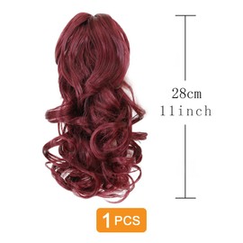 prinfantasy Hair Extensions Clip in Ponytail Extensions Short Wave Pony Tail Claw Clip Pony Tail Hair Extensions Dark Red Wavy Ponytails Synthetic Hair Pieces for Women Girls,GBMW302