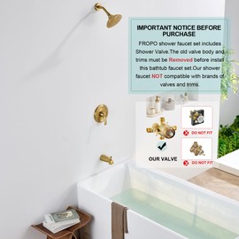 FROPO Brushed Gold Shower Tub Faucet Set with Valve, 6-Inch Gold Shower Head and Handle Set, High Pressure Shower Tub Trim Kit, Bathroom Shower Faucet Set With Shower Head and Tub Spout