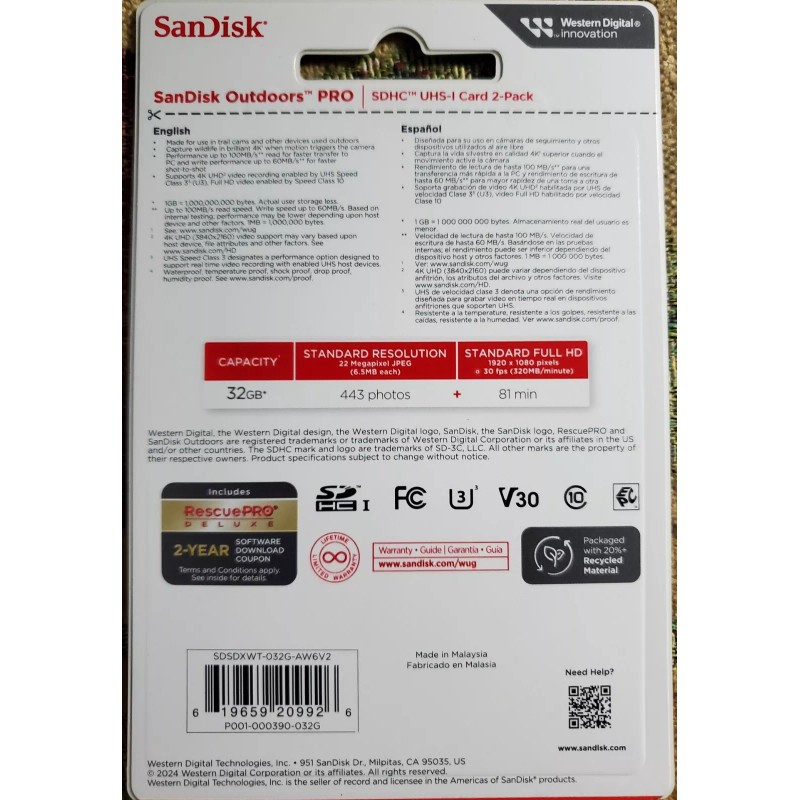 PRO SANDISK OUTDOORS PRO 32GB 2PK Trail Cam 4k. 443