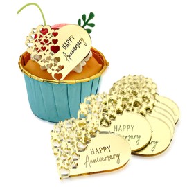 AiQi Bakes 12 Pieces Happy Anniversary Cupcake Topper Gold Mirror Acrylic Cupcake Disc for Anniversary Wedding Party Supplies