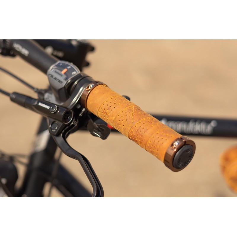 Gusti Nairo Q. Genuine Leather Handlebar Grip Brown Leather Metal
