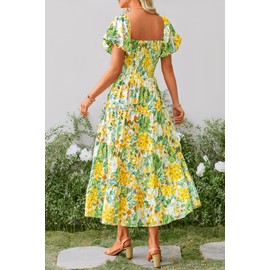 PRETTYGARDEN Women's Casual Summer Midi Dress Puffy Short Sleeve Square Neck Smocked Tiered Ruffle Dresses (Floral Yellow,X-Large)
