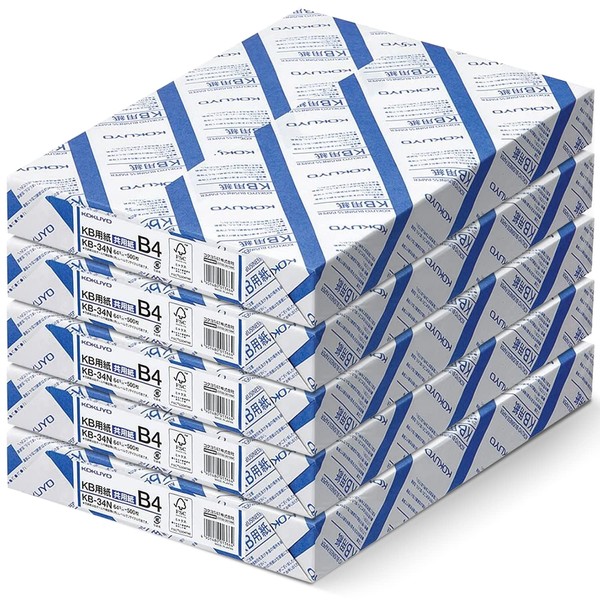 Kokuyo B4 KB Paper, Paper Thickness 0.09 mm, 64gsm, 80 Bright (ISO), 500 Sheets, FSC Certified, Pack of 5 (KB-34N)