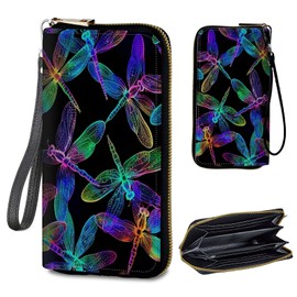 BREIDMKFM Womens Wallet PU Leather Wristlet Wallets for Women, Large Capacity Lady Fashion Wallet Card Holder Zipper Wallet with RFID Blocking Phone Wristlet Purse, Colorful Dragonflies