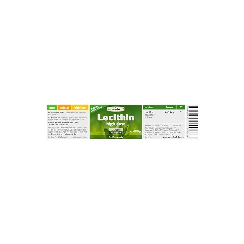 Greenfood Lecithin, 1200 mg, 240 Capsule, Highly dosed - Without