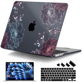 DONGKE Compatible with M3 MacBook Air 15 inch Case 2024 2023 A3114 A2941 M2 Retina Display Touch ID, Plastic Hard Case & Keyboard Skin & Screen Protector for MacBook Air 15.3" - Dahlia Flowers