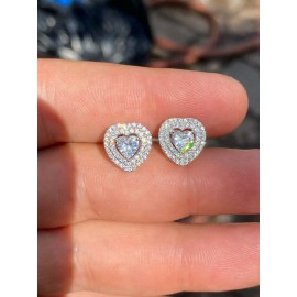 Harlembling Real 925 Sterling Silver Heart Shape Earrings Large CZ Studs Iced Ladies Hip Hop
