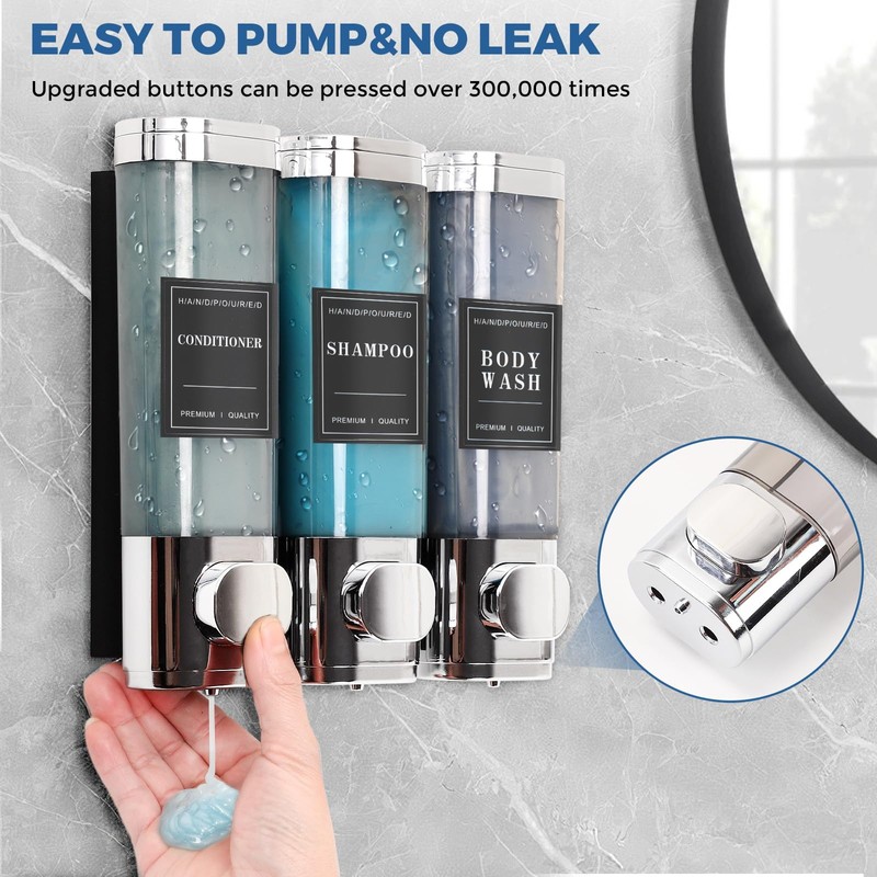 3 Chamber Shampoo and Conditioner Dispenser for Shower Wall -