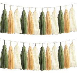 We Moment Sage Green Cream Khaki Tissue Tassel Garland for Neutral Baby Shower Nursery Classroom Decorations，DIY Kits,15PCS
