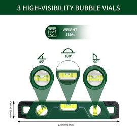 Teronbeta Magnetic Spirit Level 23 cm Features 3 Levels 0°/45°/90°, Torpedo Spirit Level with Magnetic Strip and Shock Absorbing End Caps