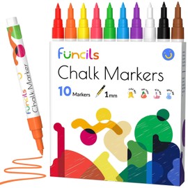 Funcils 10 Extra Fine Tip Chalk Markers for Chalkboard Signs, Blackboard, Window, Labels, Bistro, Glass, Car (10 Pack, 1mm) - Wet Wipe Erasable Ink Chalk Board Markers, Liquid Chalk Pens