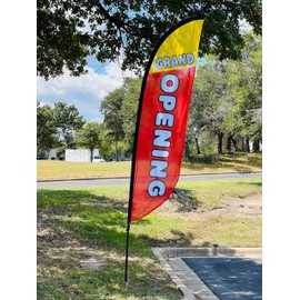CustomForMe Feather Flag Kit - 12 Feet Tall Advertising Flag Banner with Pole Kit and Ground Spike for Business Promotion - Grand Opening Flags (Grand Opening Red)