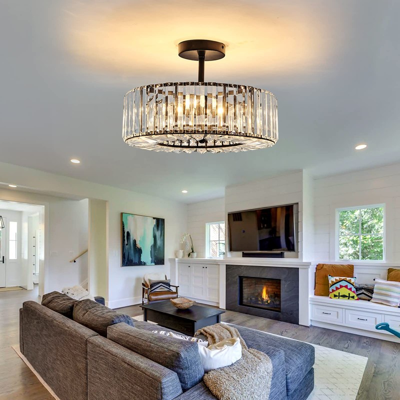 DAFKOS 4 Lights Modern Crystal Chandelier Black Round Semi Flush