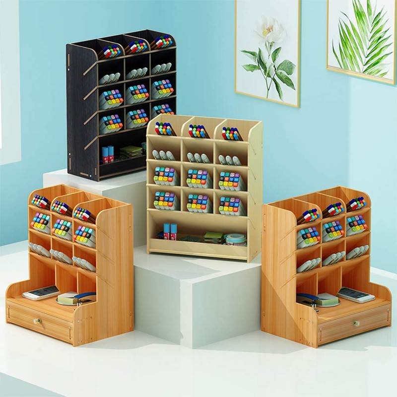 Wooden Pen Holder Storage Box Multifunctional Desk Organiser for Home