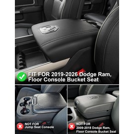 KBH Center Console Armrest Cover for 2019-2026 Dodge Ram 1500 2500 3500 5th Gen, Arm Rest Cushion Pad Protector, Vinyl Leather, Black (Fits Bucket Seat Only)