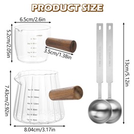 2 PCS Espresso Shot Glass with 2PCS Coffee Measuring Spoons, Single Spout Glass Measuring Cup with Wood Handle, Espresso Shot Cups with Dual Scale, Espresso Accessories for Coffee Milk (6.0oz, 2.5oz)
