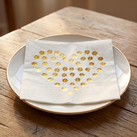 CLOVER 3-Ply Gold Foil Luncheon Napkins 6.5" x 6.5" – Lucky Four Leaf Clover Heart Pattern – Thick Absorbent Disposable Napkins for Wedding, Anniversary, St. Patrick's Day & Party Decoration (50 Pack)