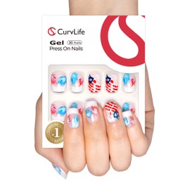 Curvlife Tip Press on Nails Acrylic Fake Nails with Design Full Cover False Nails for Women Reusable Nail Kit with Nail Glue Adhesive Tabs Nail File (AM, Short)