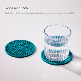 Hoomey Set of 6 Teal Silicone Coasters with Holder, Drink Coasters with Tribal Pattern Shape- for Table Protection, Anti Slip, Nonstick, Heat Resistant, Deep Tray