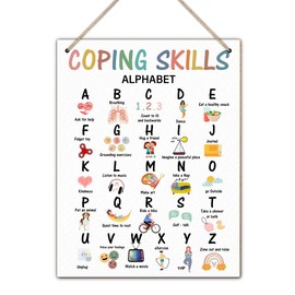 Mental Health Sign Decor Coping Skills Alphabet Wall Hanging Wooden Sign for Therapy Office School Decoration, 8 x 10 Inches