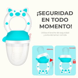Chupón Para Fruta Y Papilla con Seguro Y Tapa Dibujos Animados, Libre de BPA (AZUL)