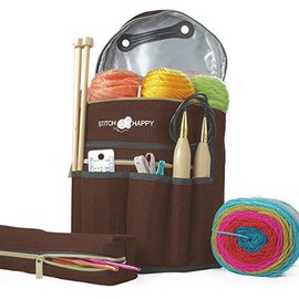 Designer Stitch Happy Knitting Starter Kit: 20 Piece Knitting Kit for Beginners & 7 Pocket Yarn Bag, Signature Yarn Storage - Chocolate