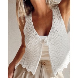 HengShunRui Women Tie Front Crochet Top Summer Boho Knit Vest Top Beach Cover Up White M