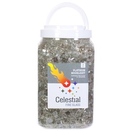 Celestial Fire Glass High Luster, 1/4" Reflective Tempered Fire Glass in Platinum Moonlight, 10 Pound Jar