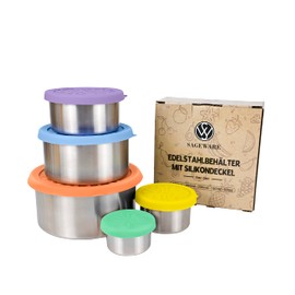 Sageware Lebensmittelbehälter aus Edelstahl mit Silikondeckel 5er-Set Brotdosen Auslaufsicher Dicht Stapelbar 680ml+400ml+200ml+100ml+50ml Set