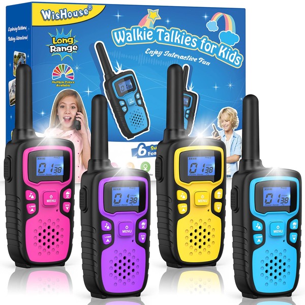 Walkie Talkies for Kids Long Range,WisHouse Xmas Birthday Gift for 4 5 6 7 8 9 10 Year Old Boys Girls,Camping Gear Games Cool Toys with NOAA,SOS,Lamp,Lanyard,Easy to Use,4 Pack No Battery No Charger