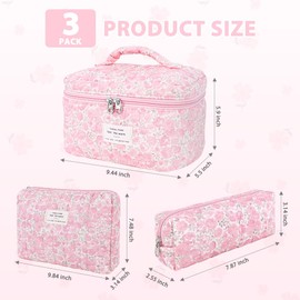 Hatende 3Pcs Cotton Quilted Makeup Bag Set,Large Floral Cosmetic Bag，Aesthetic Toiletry Travel Makeup Bag Set and Cute Flower Bag for Women Girls (Pink Flower)