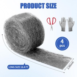 Steel Wool Mice Control, 4 Pack 16.4 Ft Hole Filler, Mice Repellent Indoor, Keeps Animals Out of Holes, Siding, Pipes, Garden, House, Garage ents(Includes Gloves, Scissors)
