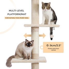 PETEPELA Cat Tower 5-Tier Floor to Ceiling Cat Tree Height(95-107 Inches) Adjustable, Tall, Climbing Tree Featuring with Scratching Post, Cozy Bed,Interactive Ball Toy for Indoor Cats/Kitten Beige