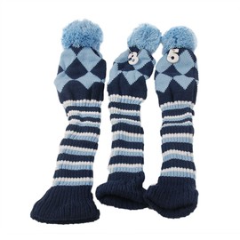 HIFROM(TM 3pcs/Set Golf Club Argyle Knit Head Covers Headcovers Vintange Pom Pom Sock Covers 1-3-5 for Driver & Woods Blue & Dark Blue