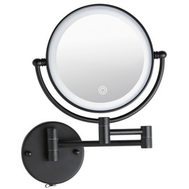 LEDOOLE Wall Mounted Makeup Mirror with Lights and 10X Magnification, 8" Rechargeable Double Sided Touch Dimmable Foldable Extended Arm 360 Rotation for Bathroom, Matt Black