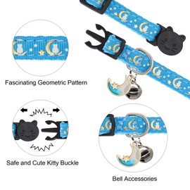 Giecooh 2 Pack Breakaway Cat Collar with Bells, Adjustable Moon and Star Kitten Safety Collars for Boys & Girls, Black+Blue