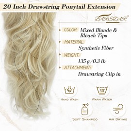 BARSDAR Blonde Ponytail Extension - 20 Inch Curly Wavy Drawstring Ponytail Hair Extensions for Women - Synthetic Clip in Pony Tails Hairpieces Daily Party - Mixed Blonde & Bleach Tips