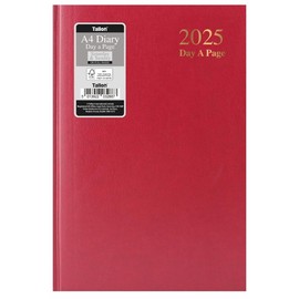 2025 A4 Page a Day Padded Hardback Diary with Full Page Saturday Sunday - Red