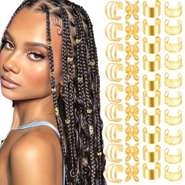 VENOFEN 40PCS Gold Hair Jewelry for Braids - Multi Style Cuffs, Rings, Adjustable Beads for Braid Loc Dreadlock Accessories - Women and Girls