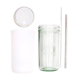 Mason Jar Lifestyle Wide Mouth 24oz Pint & Half Glass Mason Jar Water Bottle Travel Tumbler with Silicone Sleeve, Straw Lid, ans Stainless Steel Straw (Frost)