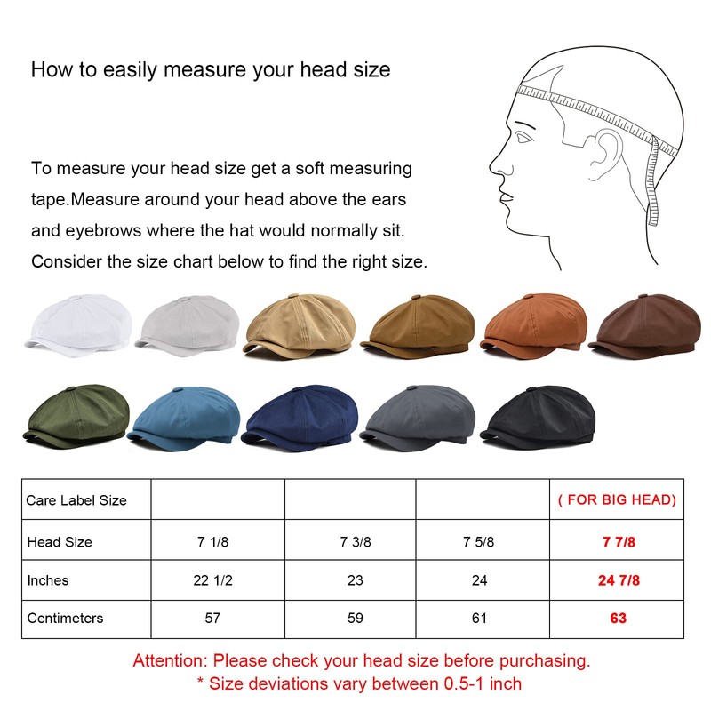 BOTVELA Men's 8 Piece Newsboy Flat Cap 100% Cotton Gatsby