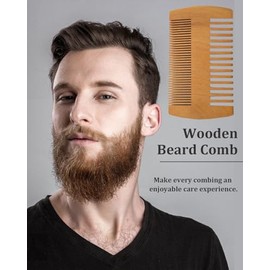 Paquete de 4 peines de bolsillo de doble cara, juego de peine de madera de doble acción para barba y bigote con fundas de cuero para barbas y bigotes,