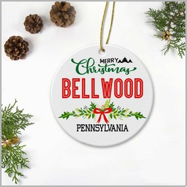 Merry Christmas Bellwood Pennsylvania Ornament - Plastic Round Decoration Ornament Keepsake Christmas Tree Decor Housewarming Gifts Ideas for Friends, Family Members, Couples and Newlywed